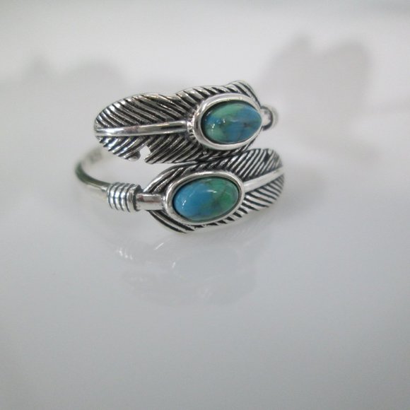 Native Sterling FEATHER Ring>925 Silver Turquoise Feather Ring,Feather Wrap ring - Picture 3 of 6